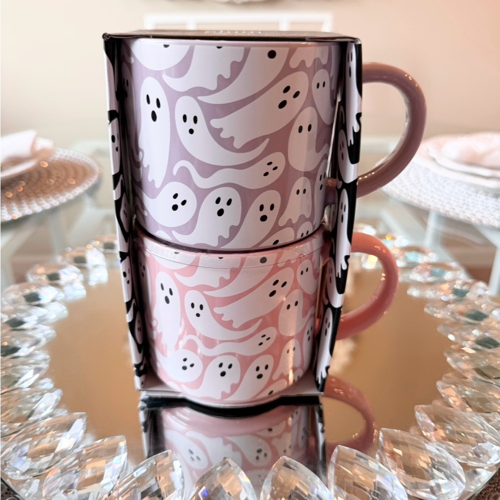 🩷 PASTEL PINK + PURPLE Ghost Mug Set Stackable Halloween Mugs NEW Elum Home - Picture 3 of 6